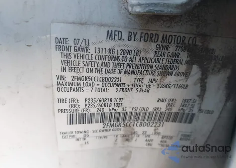 2012 Ford Flex Sel из США, поврежденный, VIN 2FMGK5CC1CBD02231